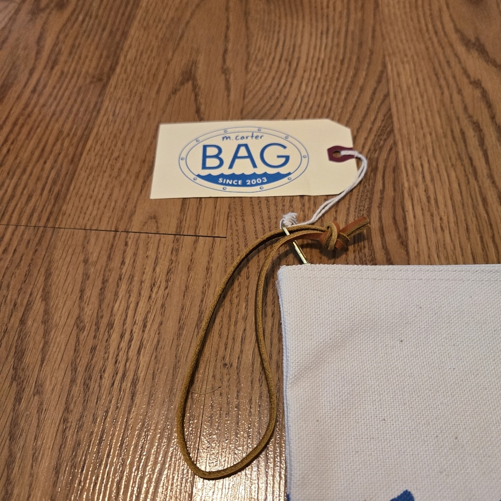 M. Carter Blue and Cream Wave Canvas Clutch Waves Wristlet Classic Zip Pouch NEW - Picture 2 of 8